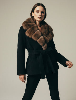Black Women's Black Plush Faux Fur Belted Statement Coat
