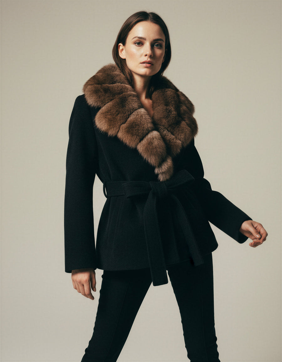 Black Women's Black Plush Faux Fur Belted Statement Coat