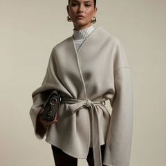 Beige Women's Elegant Tie Waist Beige Tailored Coat