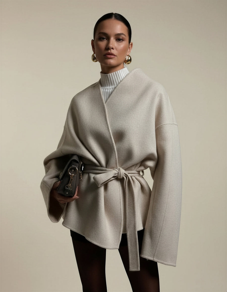 Beige Women's Elegant Tie Waist Beige Tailored Coat