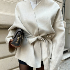 Women's Elegant Tie Waist Beige Tailored Coat - photo 2
