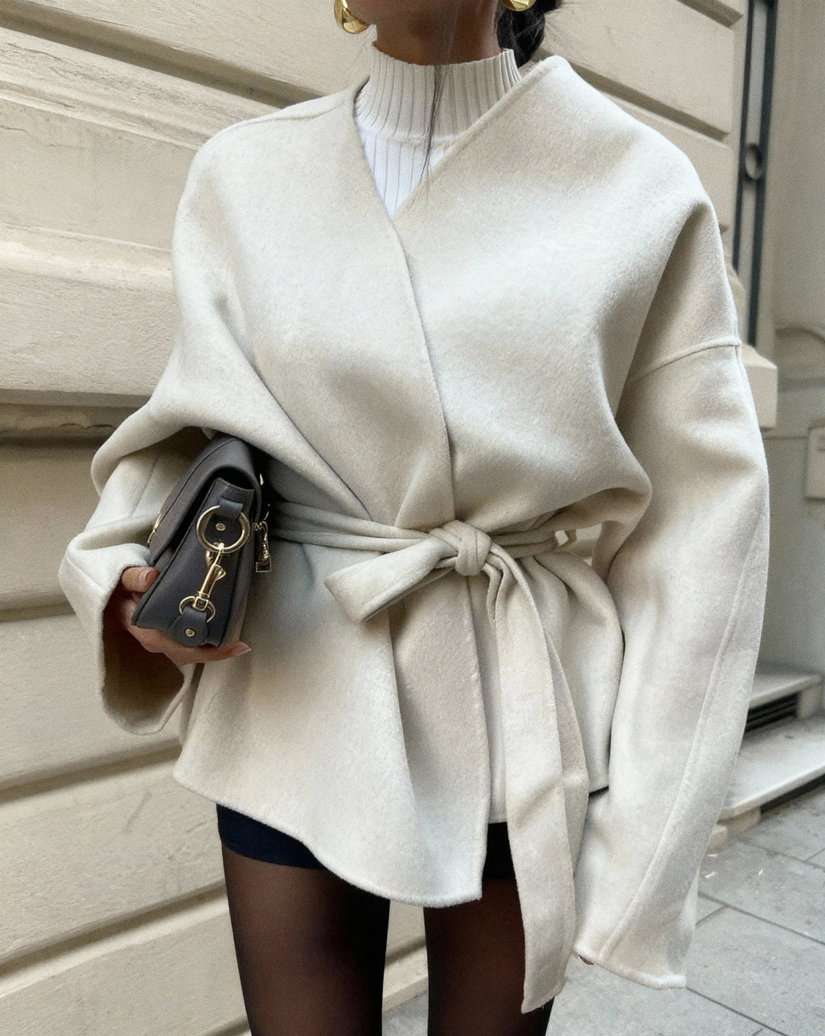 Women's Elegant Tie Waist Beige Tailored Coat - photo 2