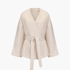 Women's Elegant Tie Waist Beige Tailored Coat - photo 3