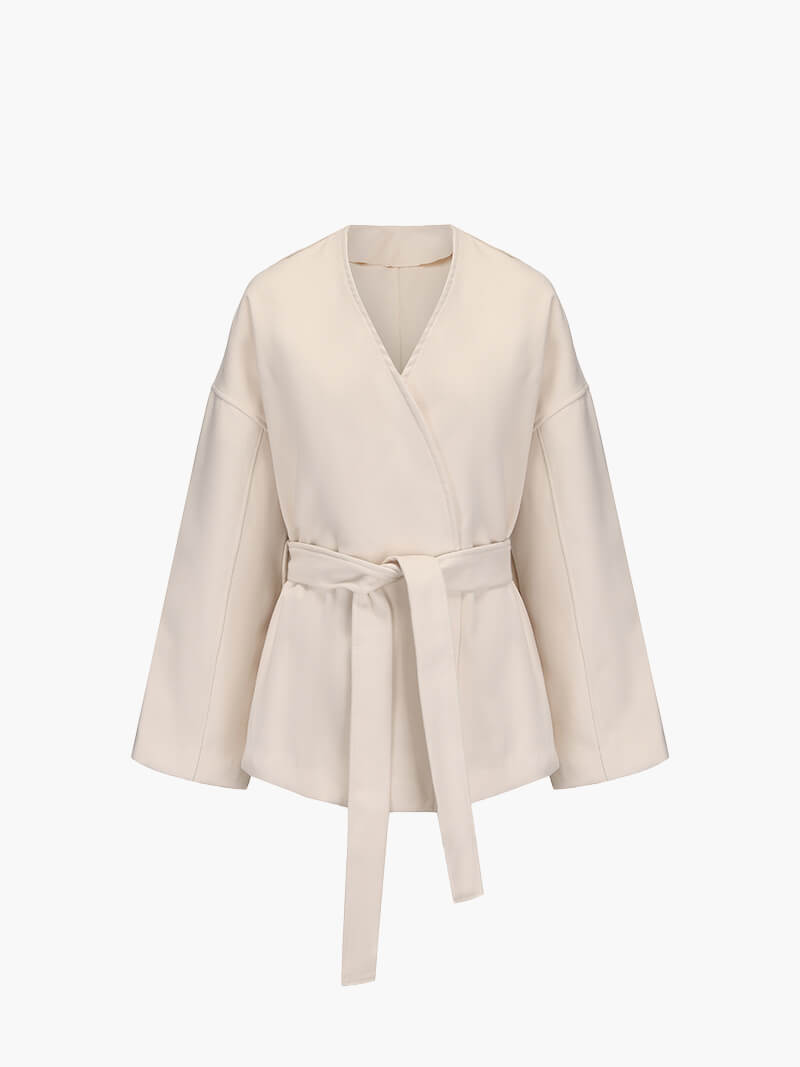 Women's Elegant Tie Waist Beige Tailored Coat - photo 3