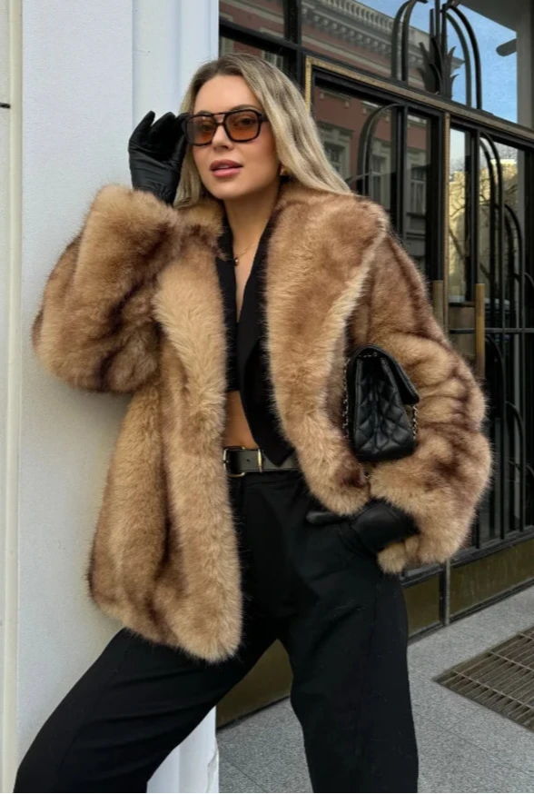 Women's Luxe Brown Faux Fur Oversized Coat - photo 1