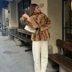 Women's Luxe Brown Faux Fur Oversized Coat - photo 4