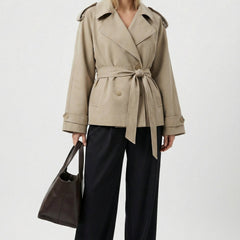 Light Beige Women's Short Belted Khaki Trench Coat