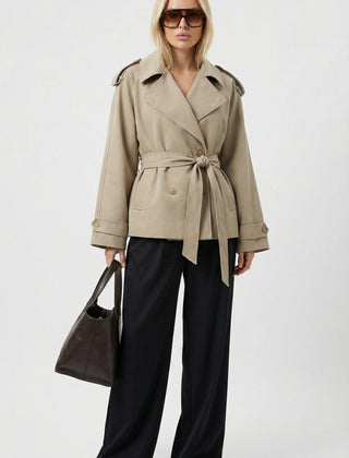 Light Beige Women's Short Belted Khaki Trench Coat