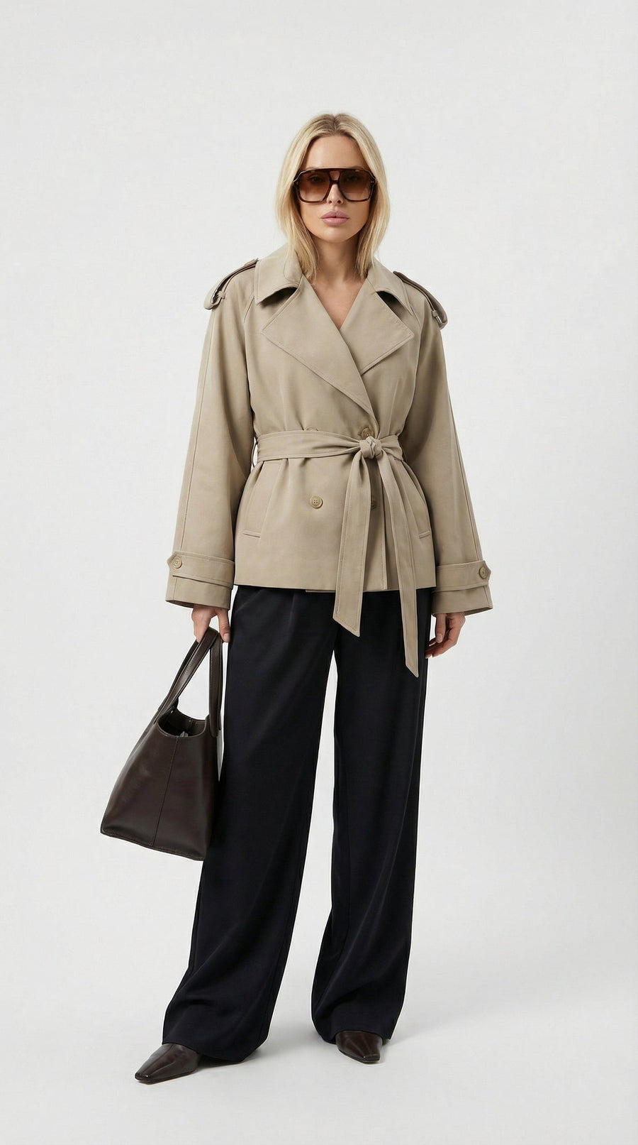 Light Beige Women's Short Belted Khaki Trench Coat