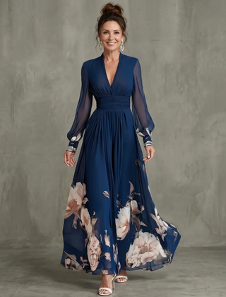 Ziva Pleated Sheer Sleeves Maxi Dress - front