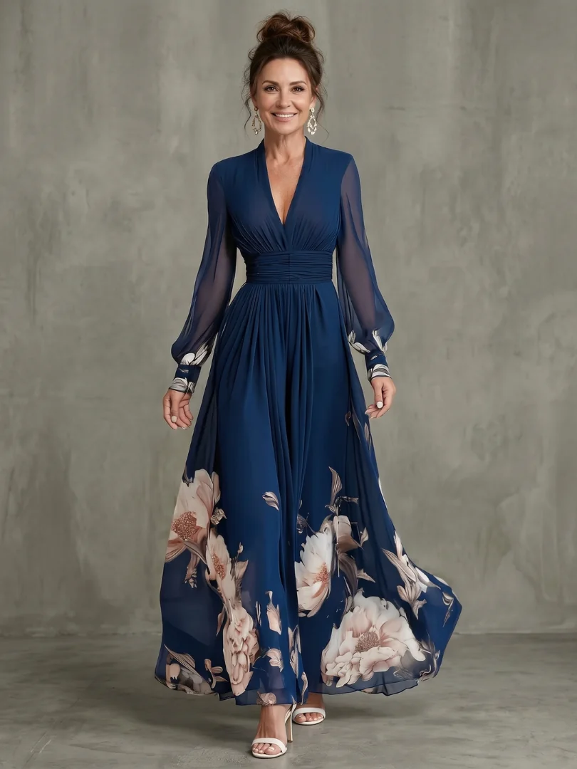 Ziva Pleated Sheer Sleeves Maxi Dress - front