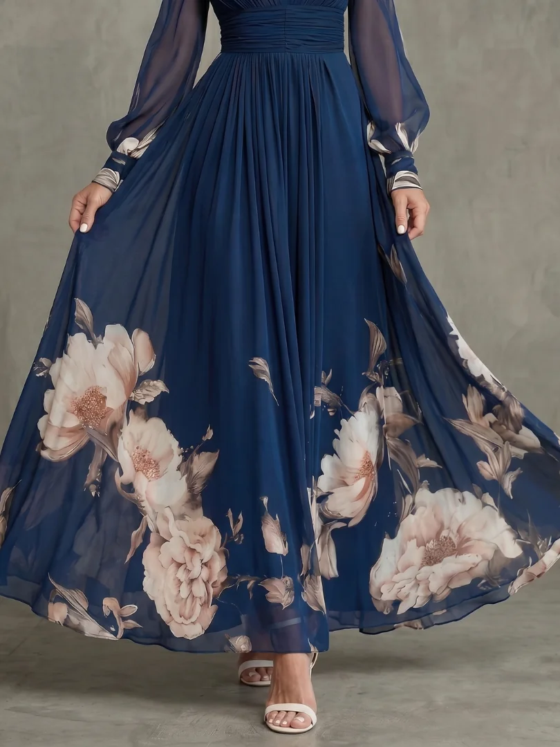 Ziva Pleated Sheer Sleeves Maxi Dress - skirt detail