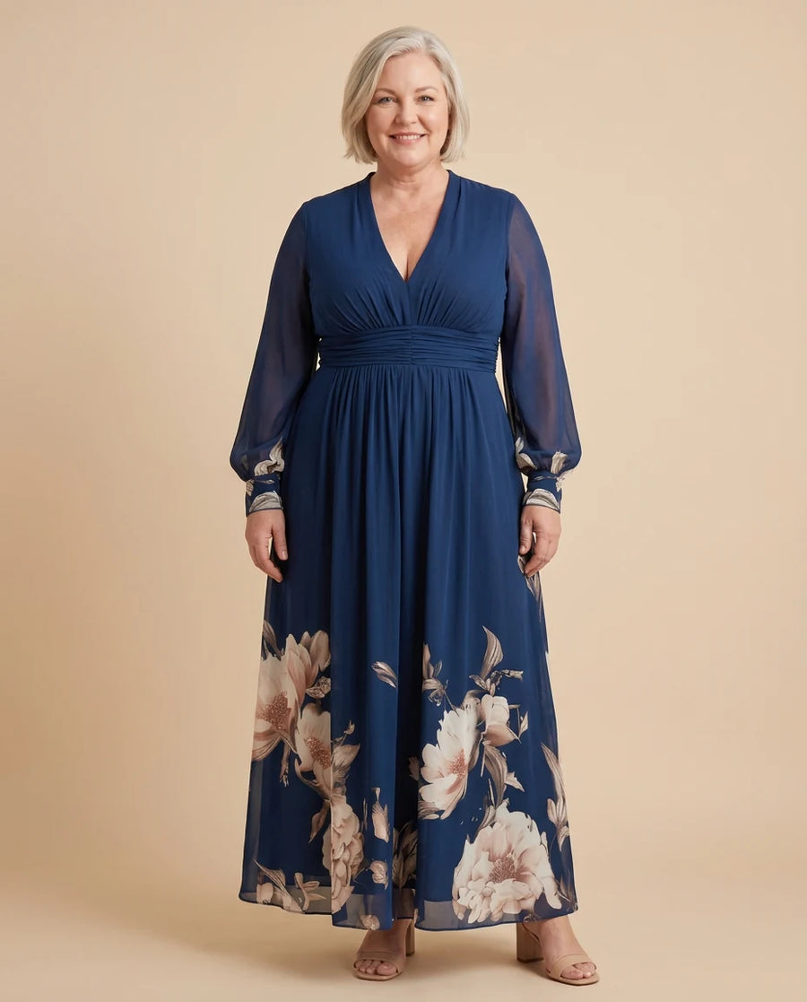 Ziva | Pleated Sheer Sleeves Maxi Dress worn by a woman with curves